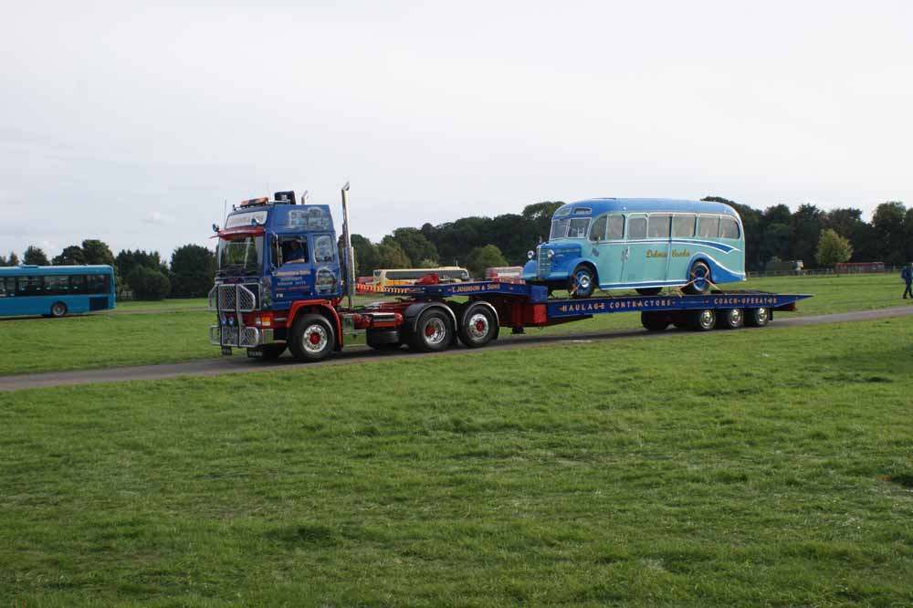 T Johnson & Sons Volvo F16 flatbed F16JBT & Dukeries Coaches Bedford OWB Duple GAL967